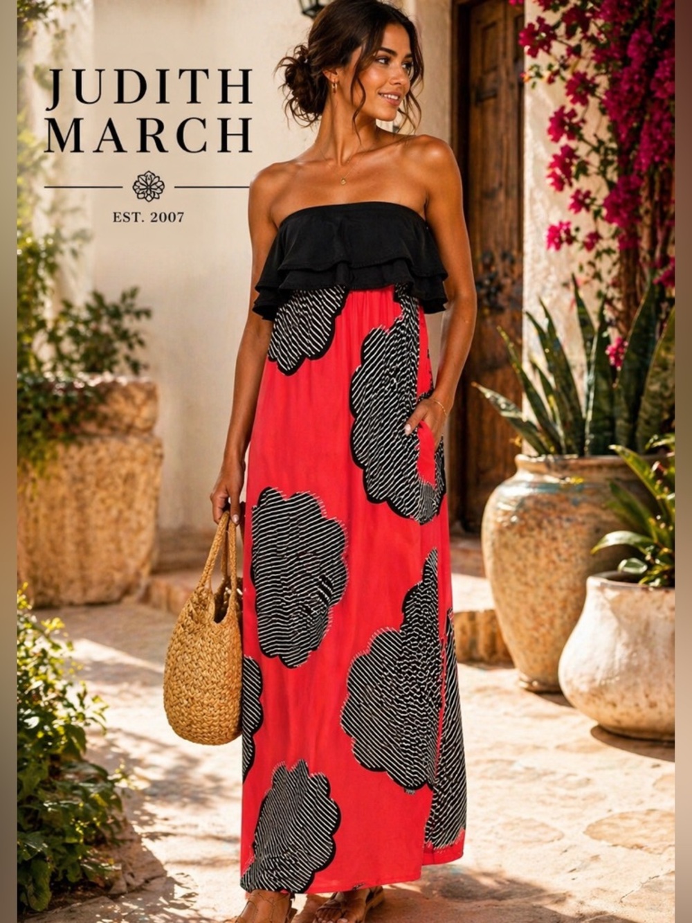 Y2K Judith March Strapless Dress Red Black Scallop Print Retro Bold Size M